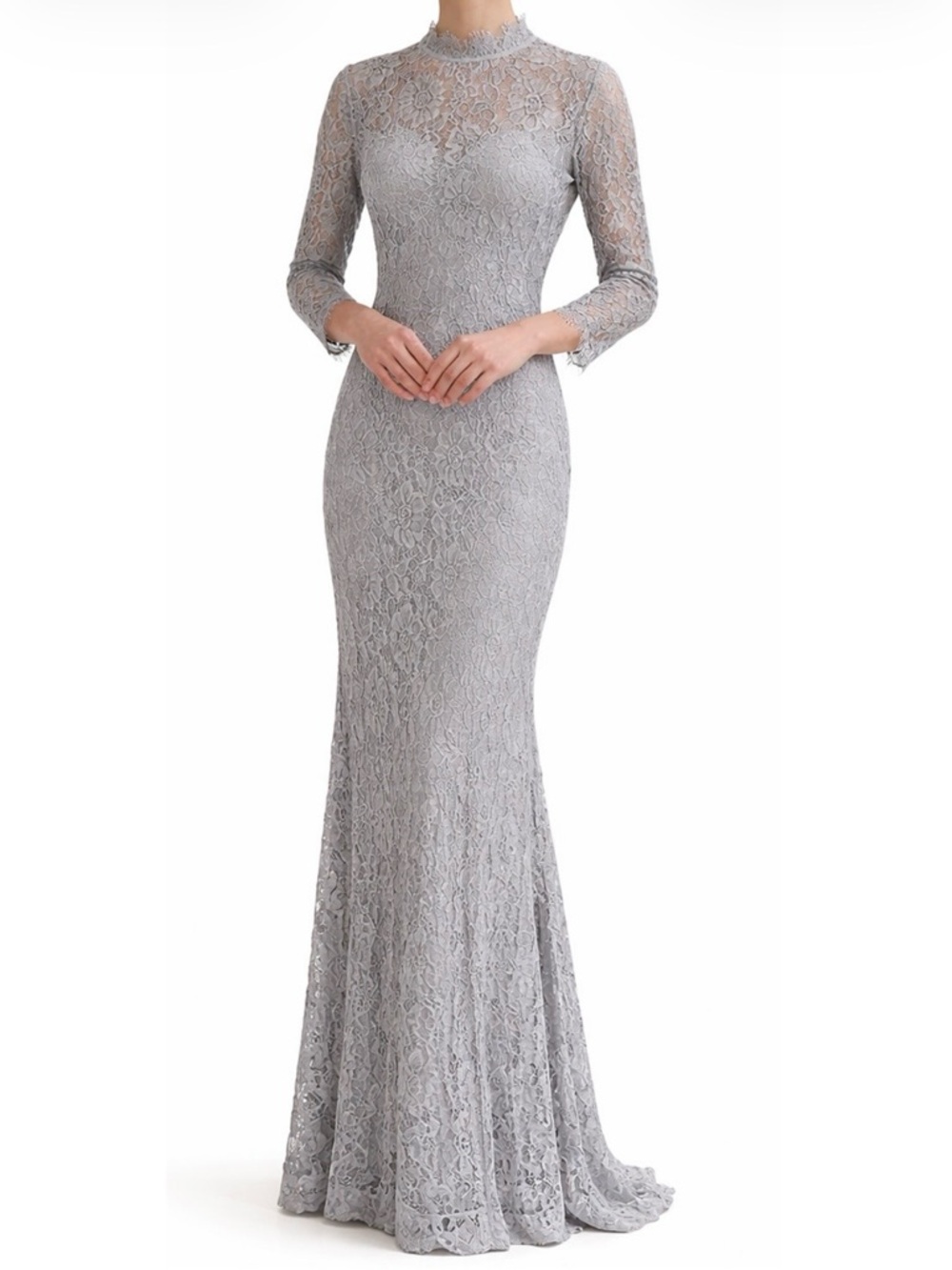 Lace Maxi Dress Mermaid Gray 3/4 Sleeve Formal Wedding Guest Small NWOT
